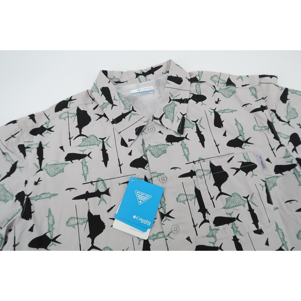 Columbia Men's Medium PFG Vented Trollers Best Fish Gray Woven Shirt New
